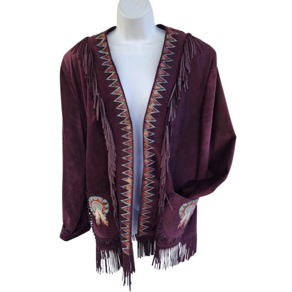 Patricia Wolfe Plum Suede Western Southwest Fringe Hand-painted Jacket L